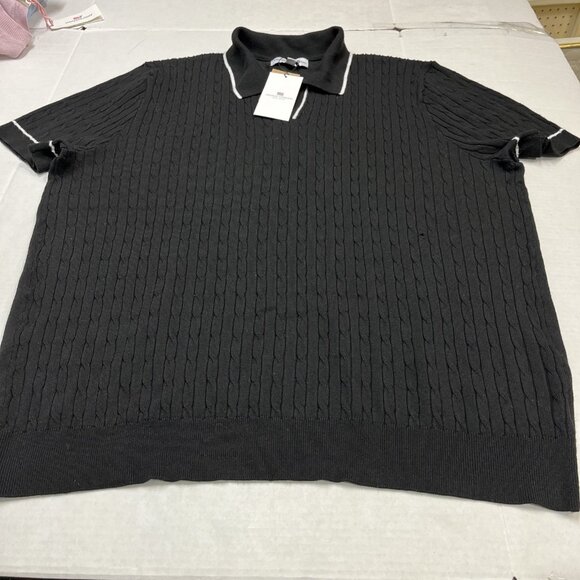 Thomas Sterling Sweater Top Men XL Black Cable Knit Short Sleeve Collared Casual - Picture 3 of 8